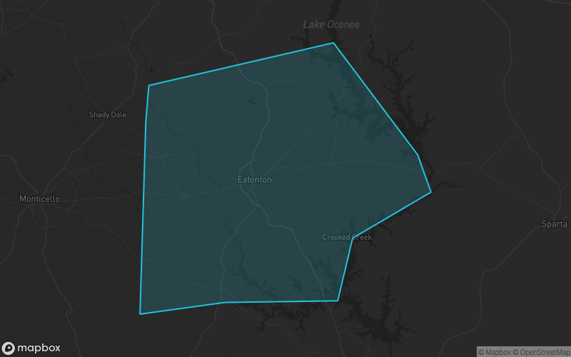 Map of Putnam County, Georgia showing the county boundary and surrounding cities
