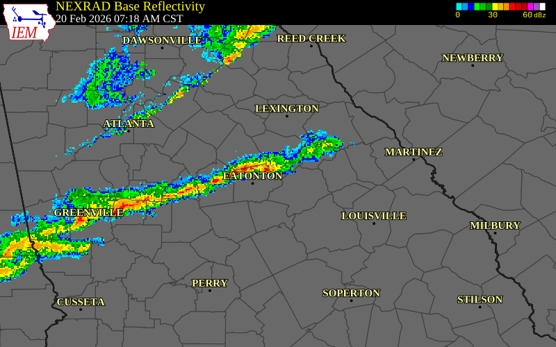 NEXRAD radar during the Friday, February 20, 2026 storm activity in Putnam County, Georgia