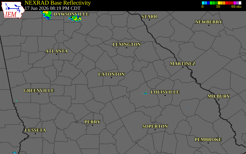 NEXRAD radar during the Wednesday, June 17, 2026 storm activity in Putnam County, Georgia