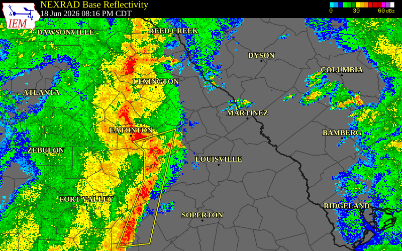 NEXRAD radar during the Thursday, June 18, 2026 storm activity in Putnam County, Georgia