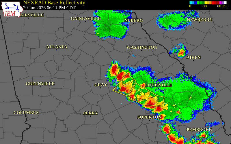 NEXRAD radar during the Monday, June 29, 2026 storm activity in Putnam County, Georgia