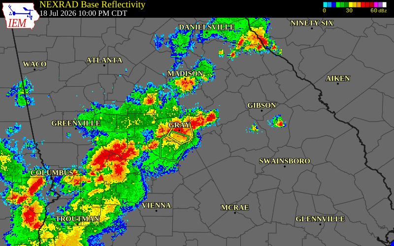NEXRAD radar during the Saturday, July 18, 2026 storm activity in Putnam County, Georgia