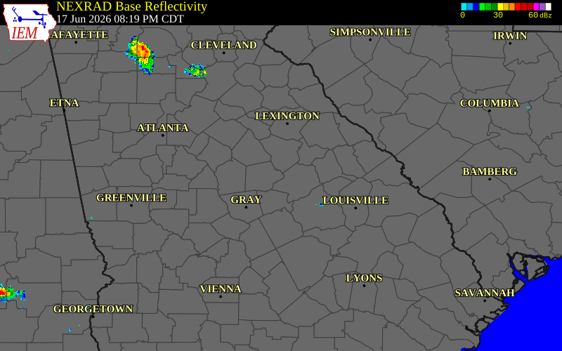 Radar snapshot during the Jun 17, 2026 tornado event near 2 ENE Rockville, Putnam County, Georgia, with NWS warning polygons