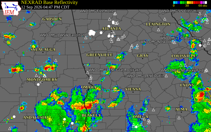 Current NEXRAD radar over Putnam County, Georgia with recent storm report locations