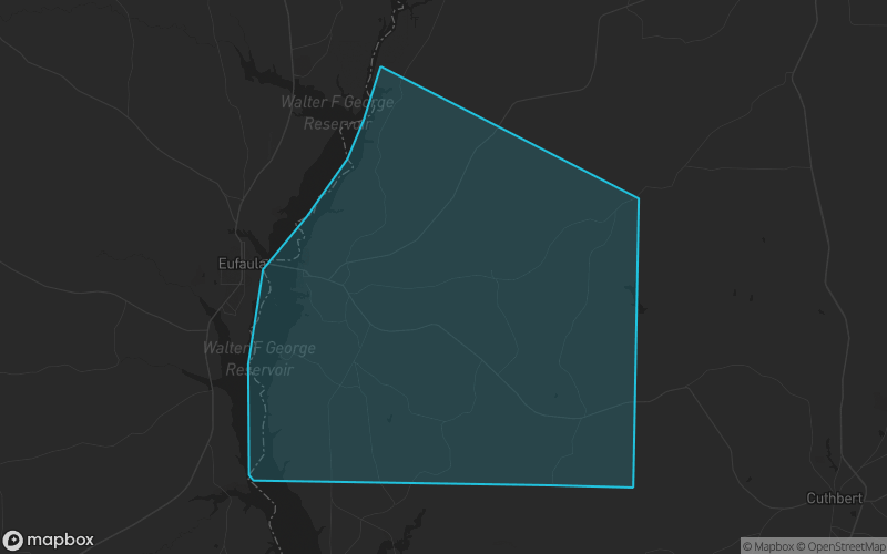 Map of Quitman County, Georgia showing the county boundary and surrounding cities