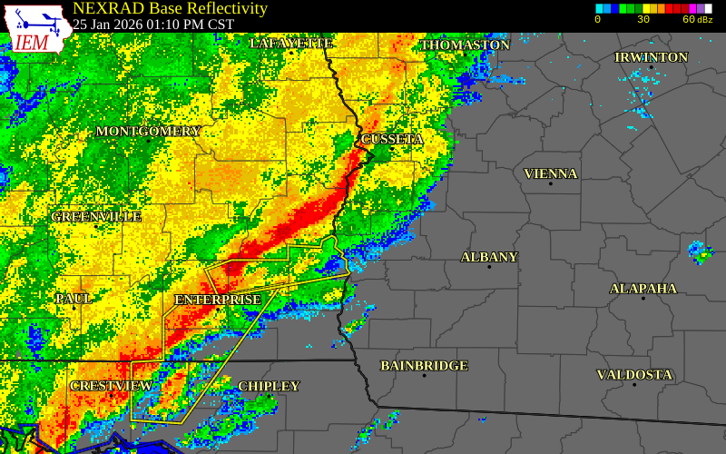 NEXRAD radar during the Sunday, January 25, 2026 storm activity in Quitman County, Georgia
