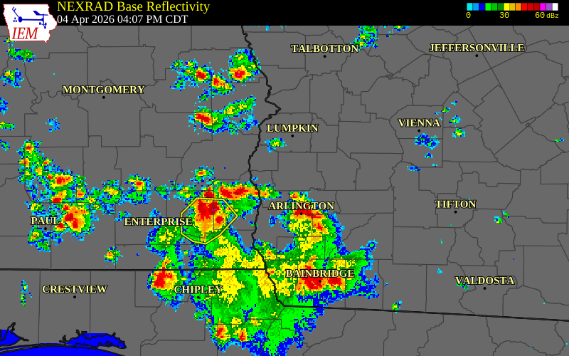 NEXRAD radar during the Saturday, April 4, 2026 storm activity in Quitman County, Georgia