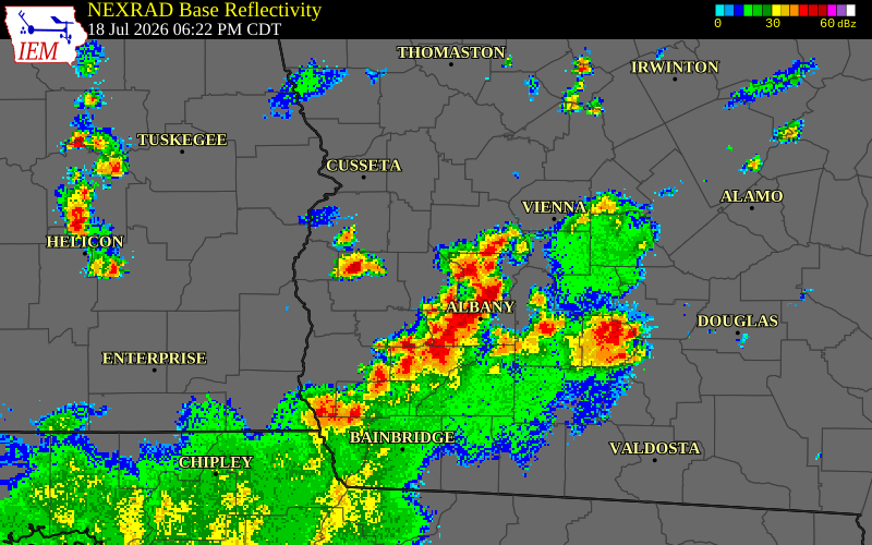 NEXRAD radar during the Saturday, July 18, 2026 storm activity in Quitman County, Georgia