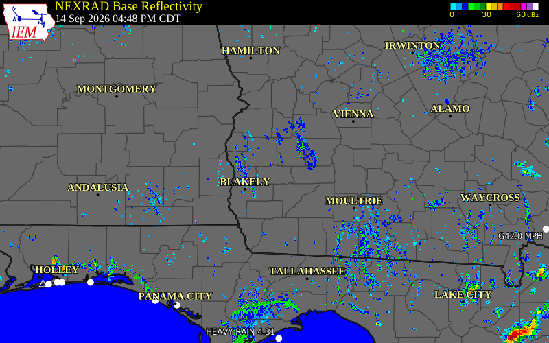 Current NEXRAD radar over Quitman County, Georgia with recent storm report locations