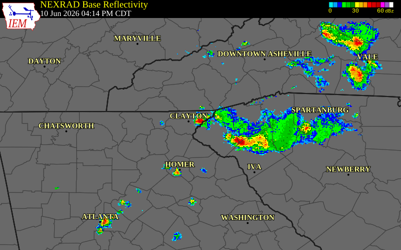 NEXRAD radar during the Wednesday, June 10, 2026 storm activity in Rabun County, Georgia