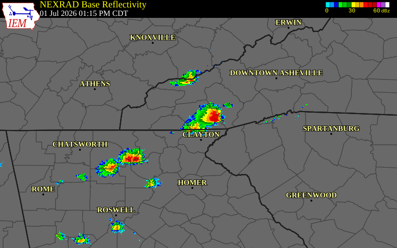 NEXRAD radar during the Wednesday, July 1, 2026 storm activity in Rabun County, Georgia