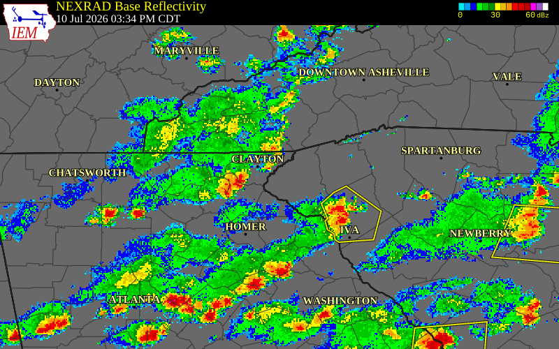 NEXRAD radar during the Friday, July 10, 2026 storm activity in Rabun County, Georgia