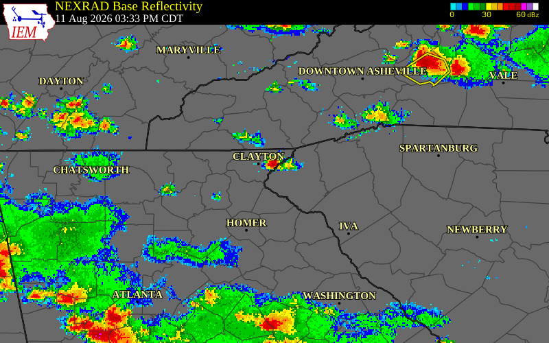 NEXRAD radar during the Tuesday, August 11, 2026 storm activity in Rabun County, Georgia