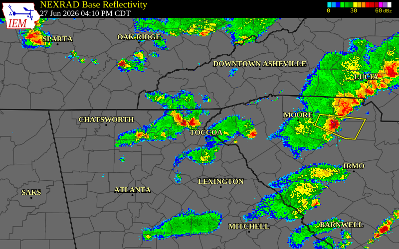 Radar snapshot during the Jun 27, 2026 wind event near Rabun County, Rabun County, Georgia, with NWS warning polygons