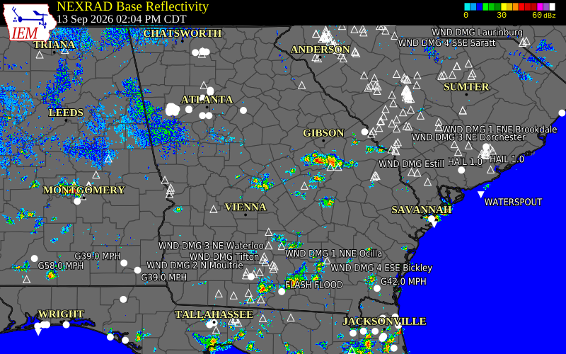 Current NEXRAD radar across Georgia with recent storm report locations