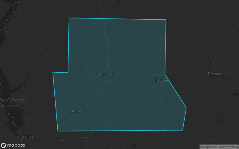 Map of Randolph County, Georgia showing the county boundary and surrounding cities