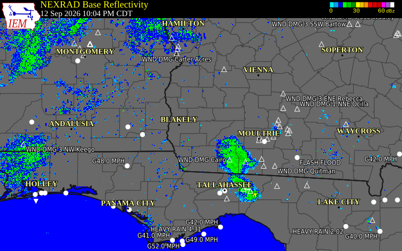 Current NEXRAD radar over Randolph County, Georgia with recent storm report locations
