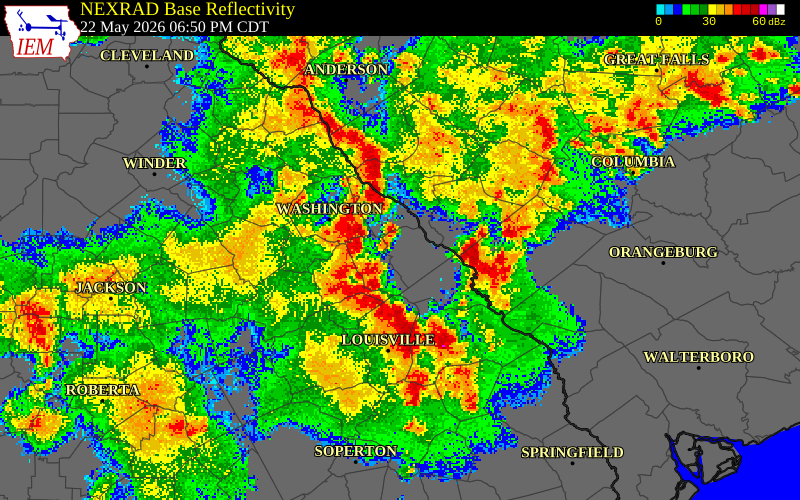NEXRAD radar during the Friday, May 22, 2026 storm activity in Richmond County, Georgia