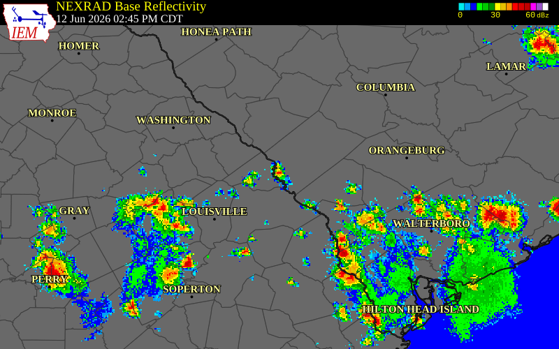 NEXRAD radar during the Friday, June 12, 2026 storm activity in Richmond County, Georgia