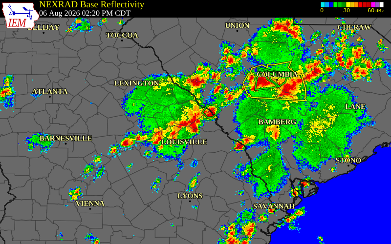 Radar snapshot during the Aug 6, 2026 wind event near Richmond County, Richmond County, Georgia, with NWS warning polygons