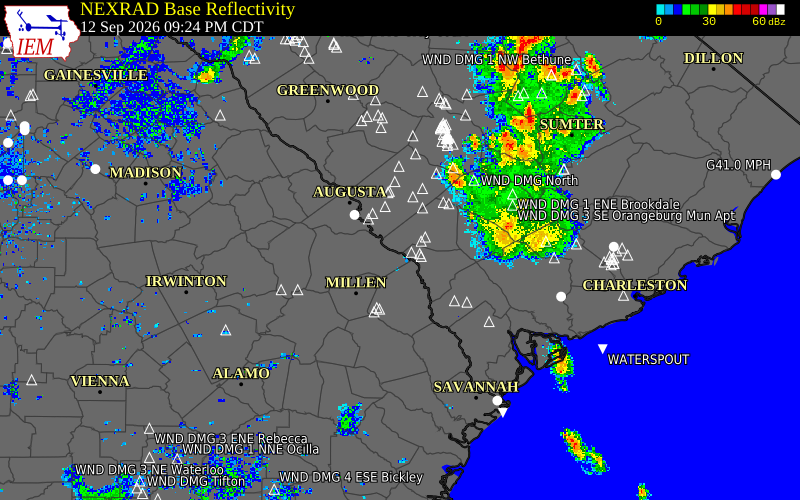 Current NEXRAD radar over Richmond County, Georgia with recent storm report locations