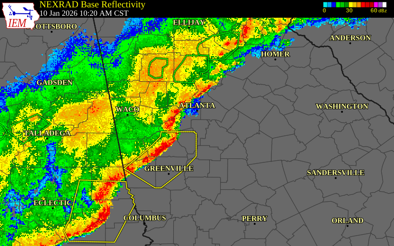 NEXRAD radar during the Saturday, January 10, 2026 storm activity in Rockdale County, Georgia