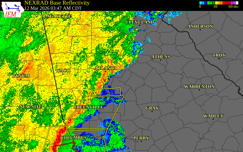 NEXRAD radar during the Thursday, March 12, 2026 storm activity in Rockdale County, Georgia
