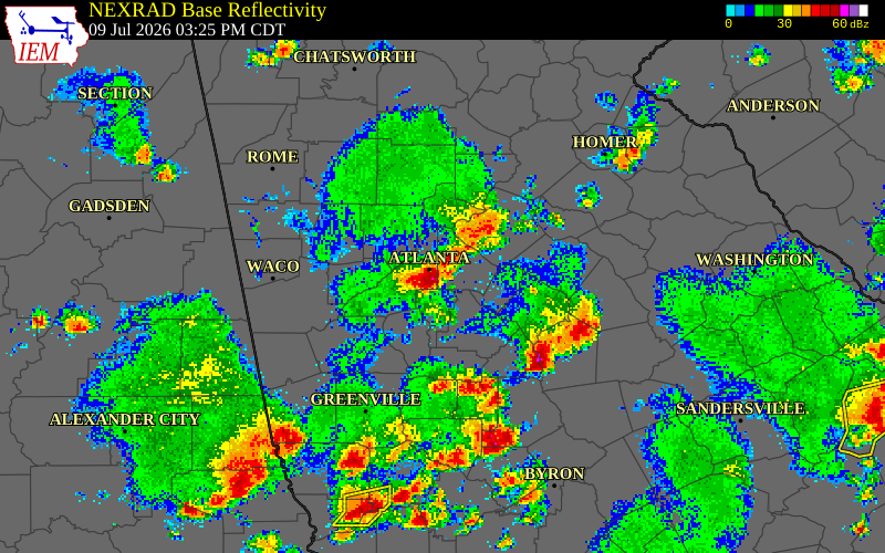 NEXRAD radar during the Thursday, July 9, 2026 storm activity in Rockdale County, Georgia