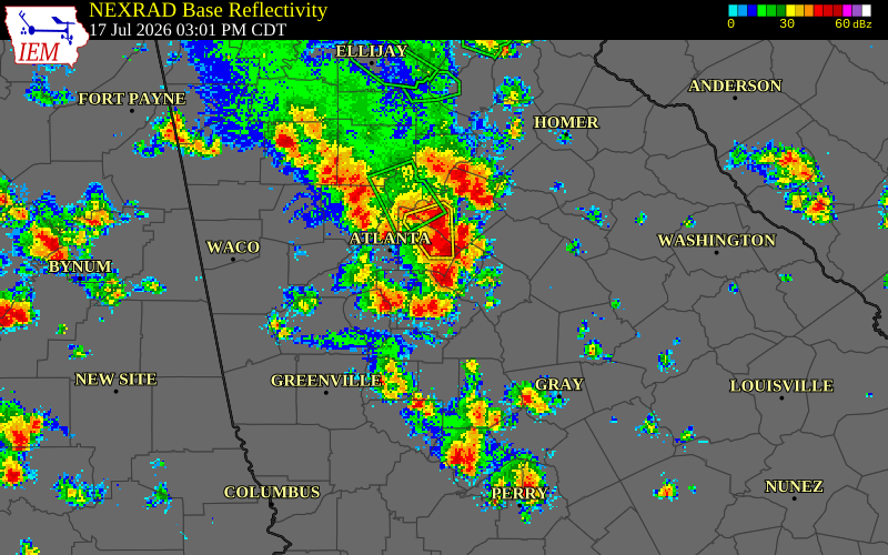 NEXRAD radar during the Friday, July 17, 2026 storm activity in Rockdale County, Georgia