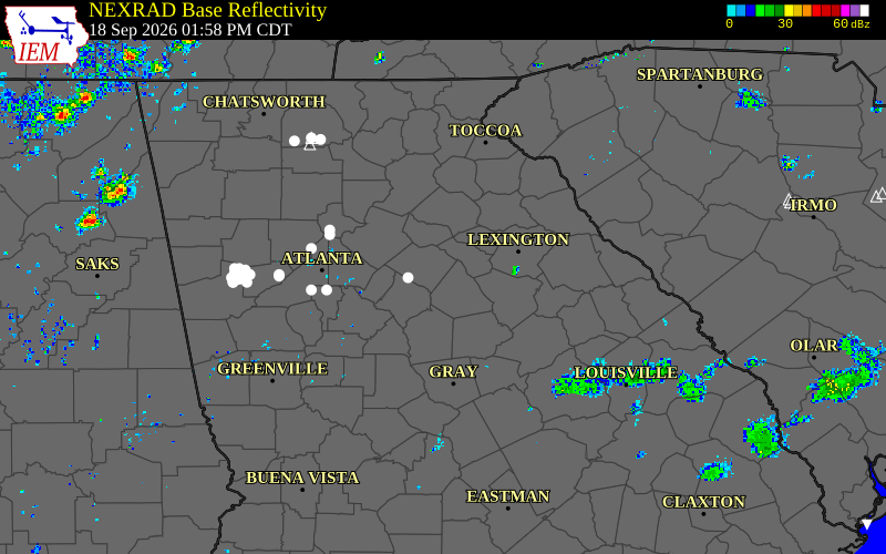 Current NEXRAD radar over Rockdale County, Georgia with recent storm report locations