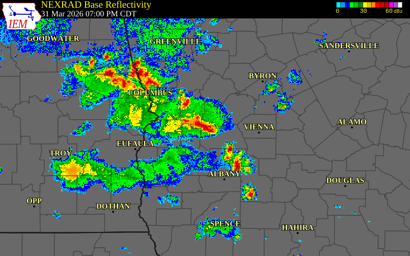 NEXRAD radar during the Tuesday, March 31, 2026 storm activity in Schley County, Georgia