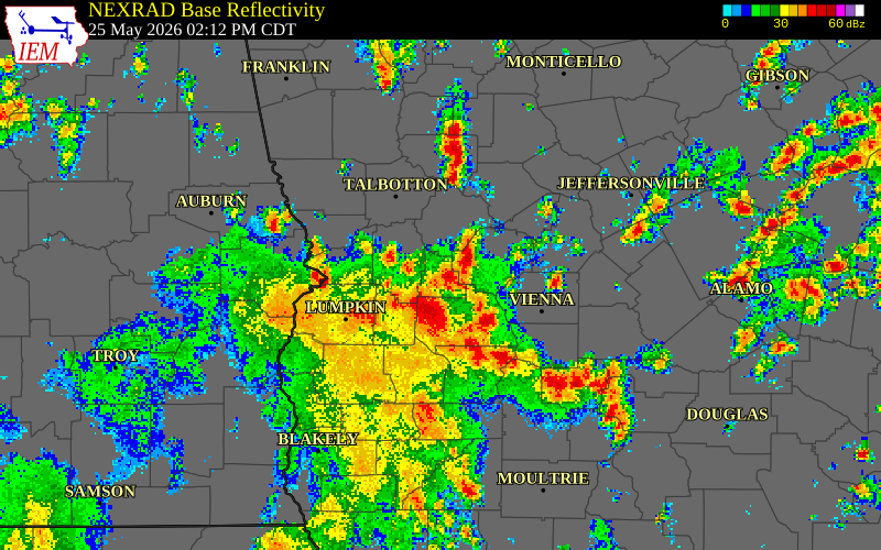 NEXRAD radar during the Monday, May 25, 2026 storm activity in Schley County, Georgia