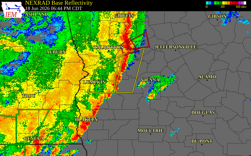 NEXRAD radar during the Thursday, June 18, 2026 storm activity in Schley County, Georgia