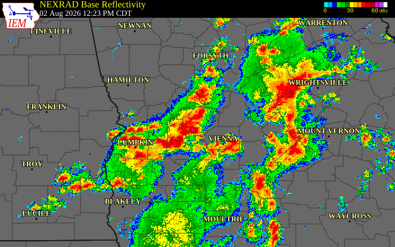 NEXRAD radar during the Sunday, August 2, 2026 storm activity in Schley County, Georgia
