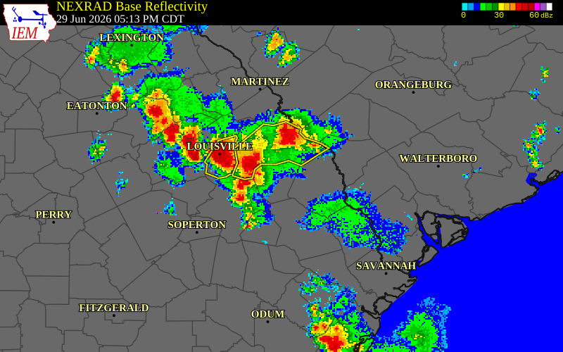NEXRAD radar during the Monday, June 29, 2026 storm activity in Screven County, Georgia