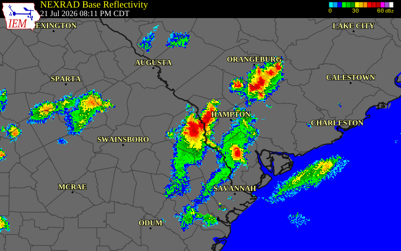 NEXRAD radar during the Tuesday, July 21, 2026 storm activity in Screven County, Georgia