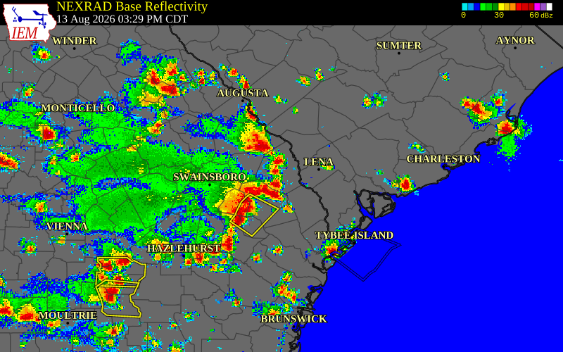 Radar snapshot during the Aug 13, 2026 wind event near Screven County, Screven County, Georgia, with NWS warning polygons