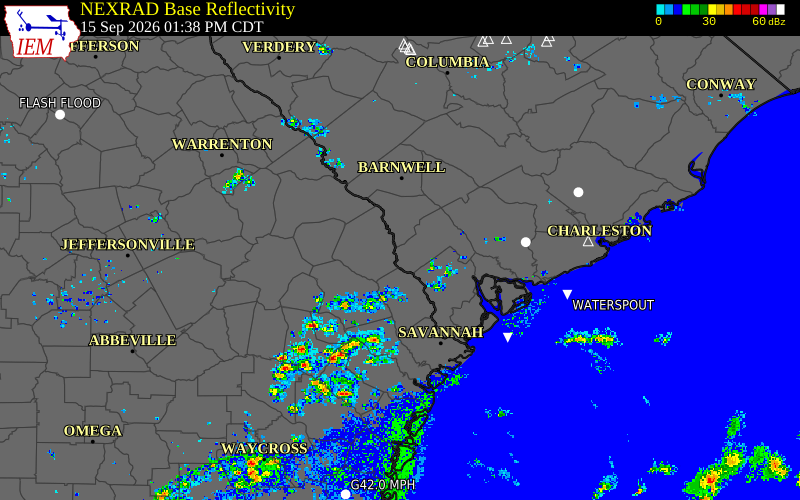 Current NEXRAD radar over Screven County, Georgia with recent storm report locations