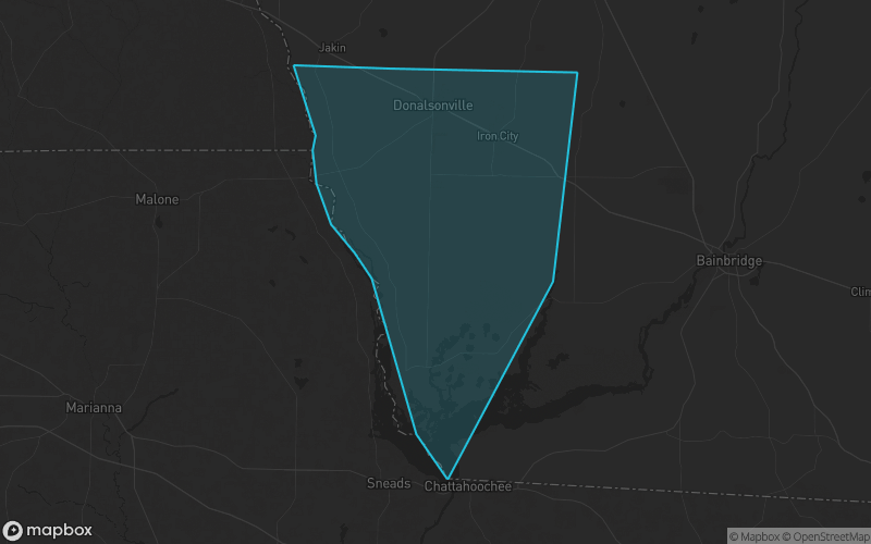 Map of Seminole County, Georgia showing the county boundary and surrounding cities