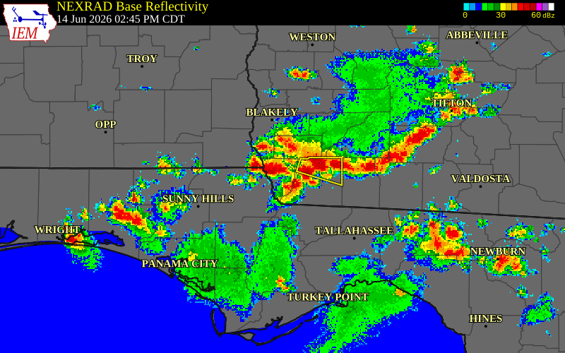 NEXRAD radar during the Sunday, June 14, 2026 storm activity in Seminole County, Georgia