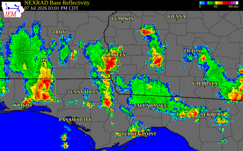 NEXRAD radar during the Tuesday, July 7, 2026 storm activity in Seminole County, Georgia
