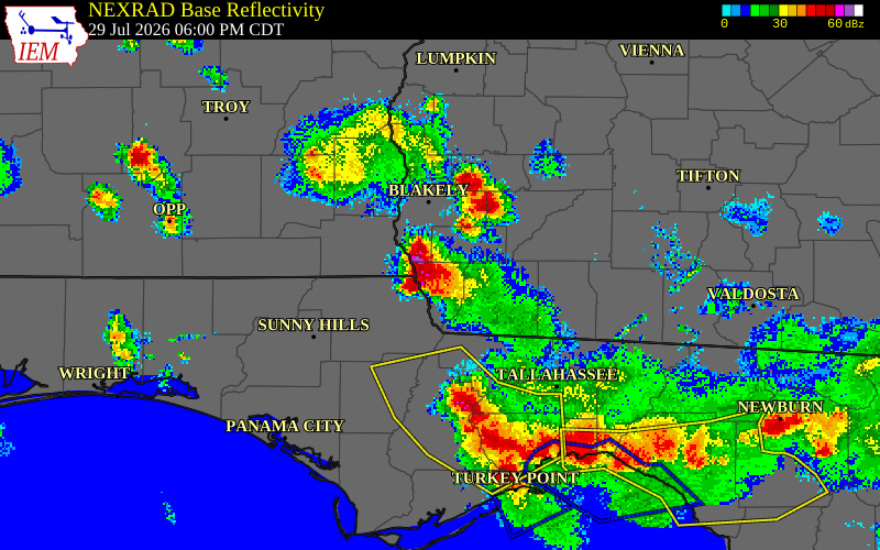 NEXRAD radar during the Wednesday, July 29, 2026 storm activity in Seminole County, Georgia