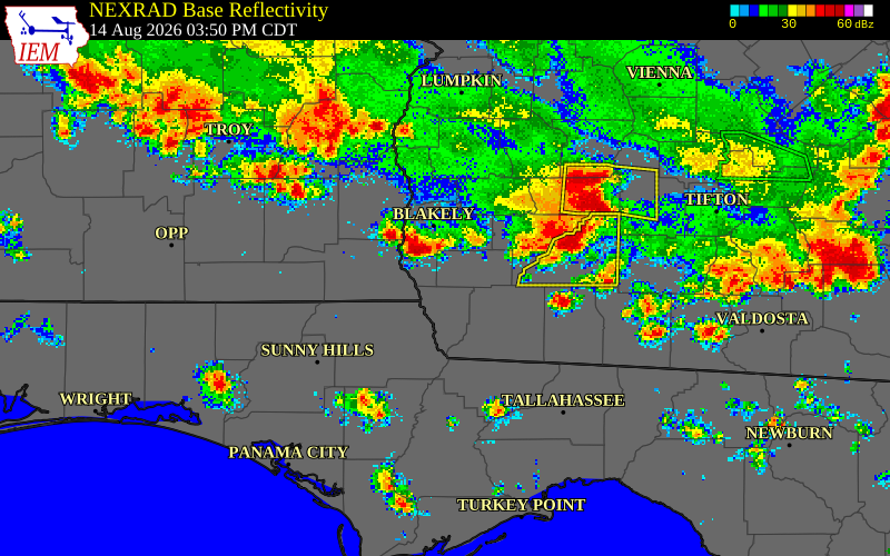 NEXRAD radar during the Friday, August 14, 2026 storm activity in Seminole County, Georgia