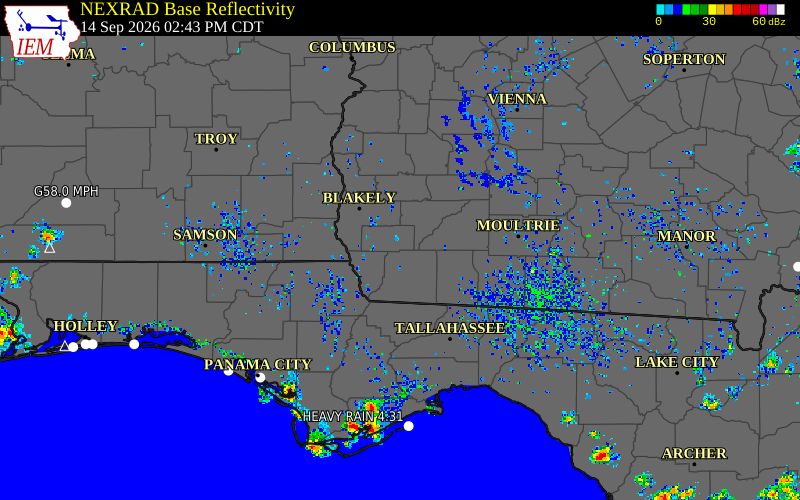 Current NEXRAD radar over Seminole County, Georgia with recent storm report locations
