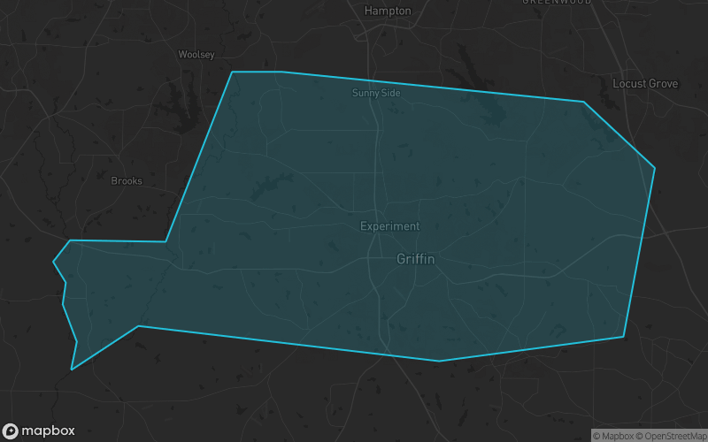 Map of Spalding County, Georgia showing the county boundary and surrounding cities
