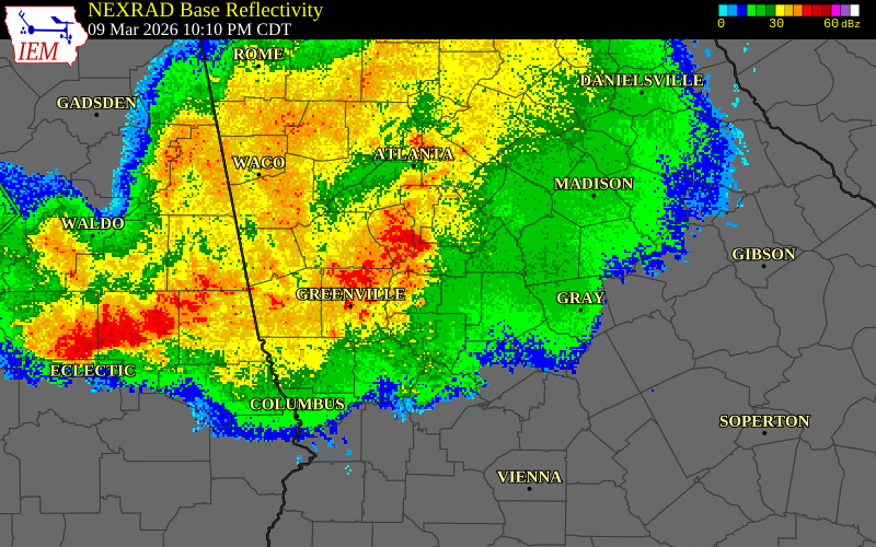 NEXRAD radar during the Monday, March 9, 2026 storm activity in Spalding County, Georgia