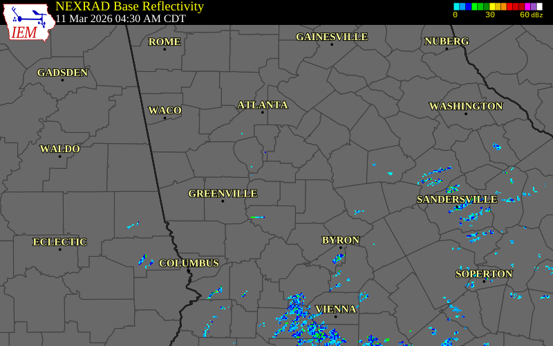 NEXRAD radar during the Wednesday, March 11, 2026 storm activity in Spalding County, Georgia