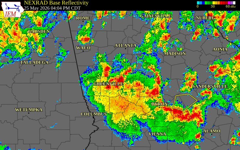 NEXRAD radar during the Monday, May 25, 2026 storm activity in Spalding County, Georgia