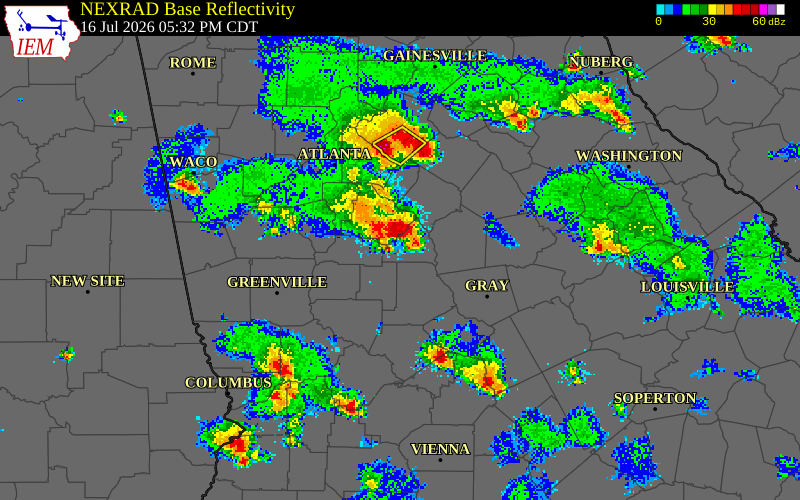 NEXRAD radar during the Thursday, July 16, 2026 storm activity in Spalding County, Georgia