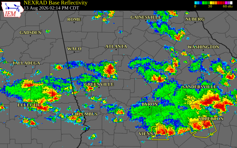 NEXRAD radar during the Thursday, August 13, 2026 storm activity in Spalding County, Georgia